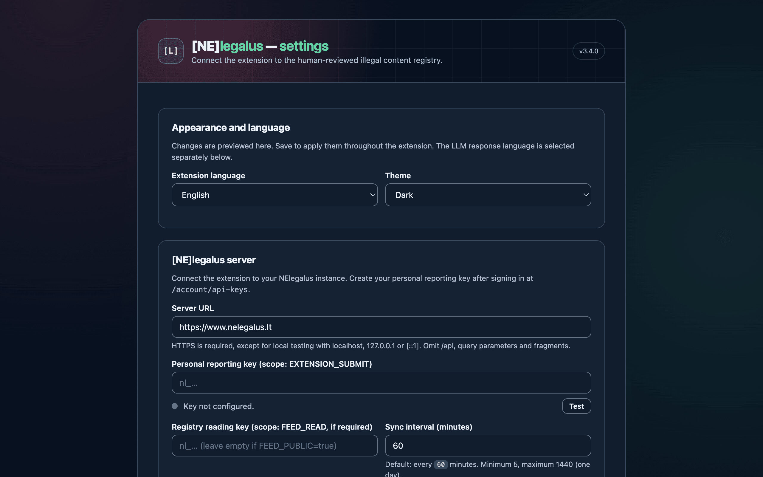 NElegalus 3.4.0 settings in English with the dark theme and language and appearance controls