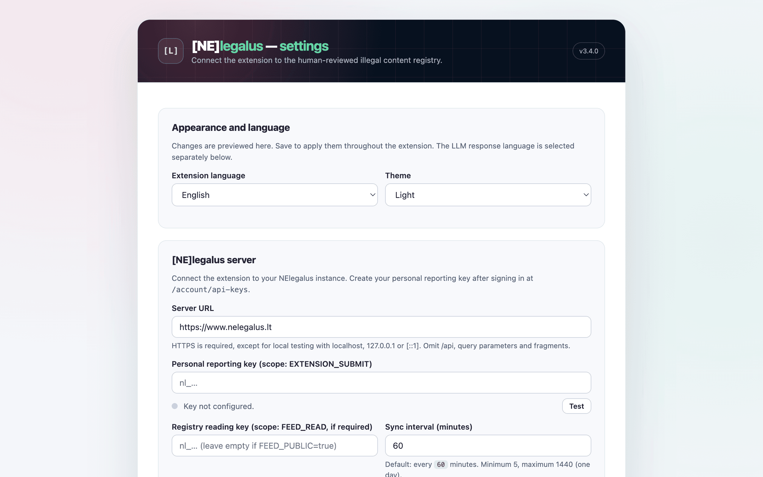NElegalus 3.4.0 settings in English with the light theme and language and appearance controls