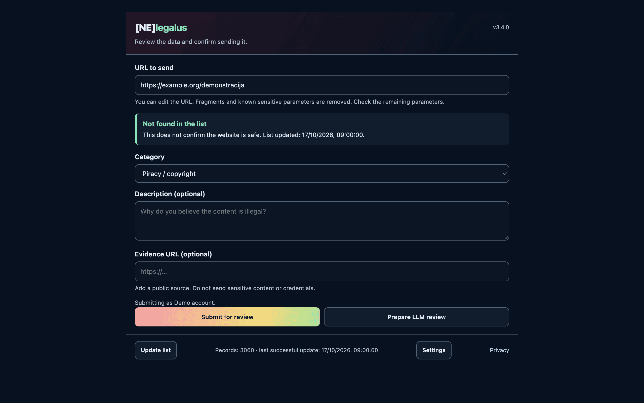 NElegalus 3.4.0 report window in English with the dark theme