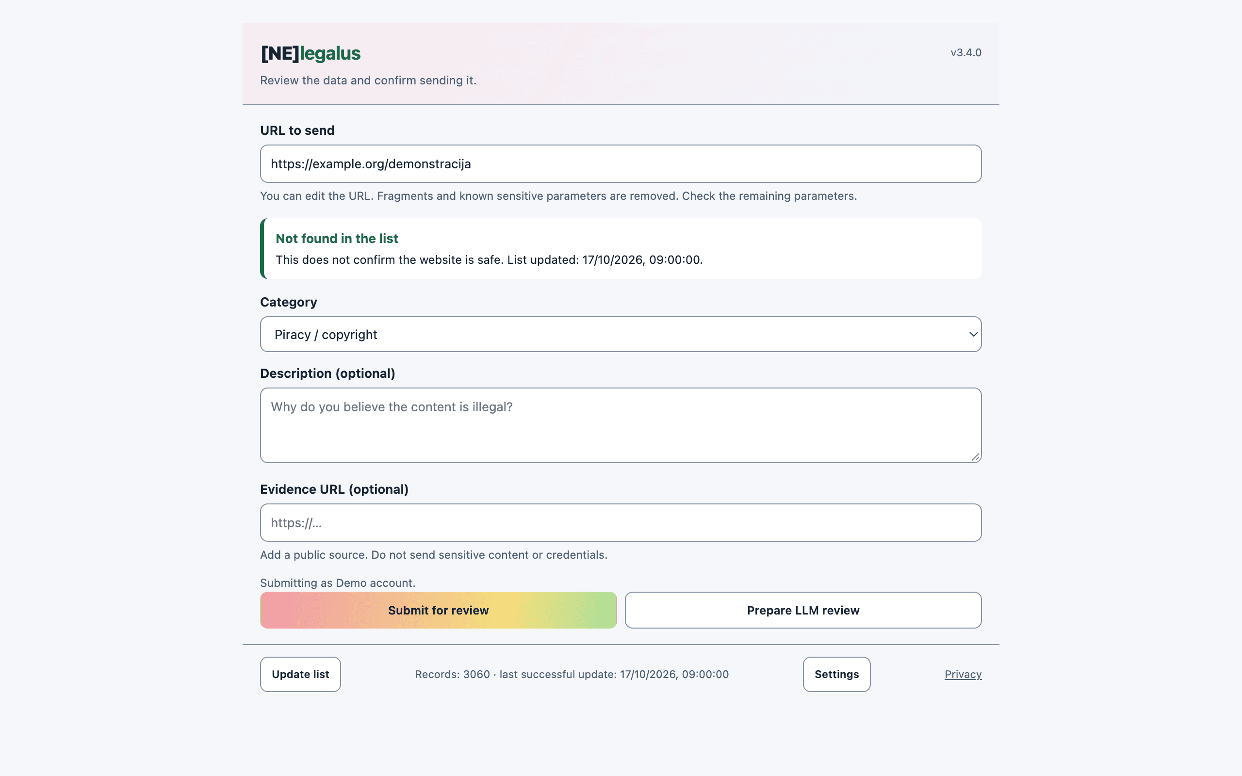 NElegalus 3.4.0 report window in English with the light theme