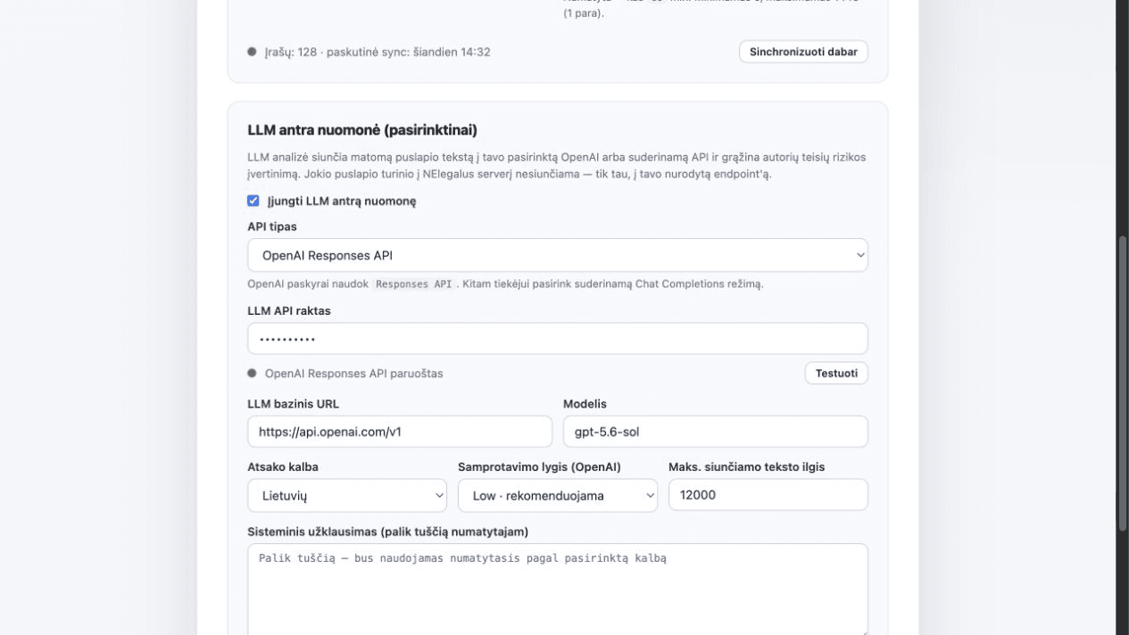 NElegalus įskiepio OpenAI API nustatymai